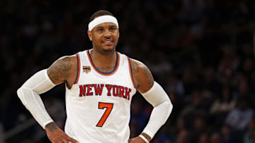Jan 2, 2017; New York, NY, USA; New York Knicks forward Carmelo Anthony (7) looks on during the second half against the Orlando Magic at Madison Square Garden. Mandatory Credit: Adam Hunger-USA TODAY Sports