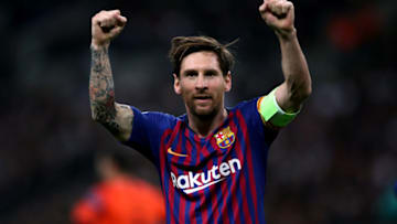 Barcelona's Lionel Messi celebrates scoring his sides third goal during the UEFA Champions League, Group B match at Wembley Stadium, London. (Photo by Nick Potts/PA Images via Getty Images)