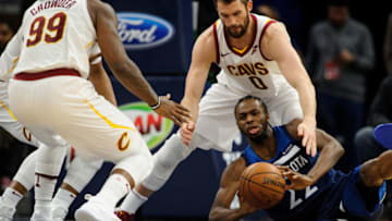 MINNEAPOLIS, MN - JANUARY 08: Andrew Wiggins #22 of the Minnesota Timberwolves passes the ball away from Jae Crowder #99 and Kevin Love #0 of the Cleveland Cavaliers during the game on January 8, 2018 at the Target Center in Minneapolis, Minnesota. NOTE TO USER: User expressly acknowledges and agrees that, by downloading and or using this Photograph, user is consenting to the terms and conditions of the Getty Images License Agreement. (Photo by Hannah Foslien/Getty Images)