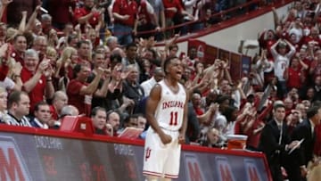 Feb 20, 2016; Bloomington, IN, USA; Indiana Hoosiers guard Yogi Ferrell (11) reacts to a basket against the Purdue Boilermakers at Assembly Hall. The Hoosiers won 77-73. Mandatory Credit: Brian Spurlock-USA TODAY Sports