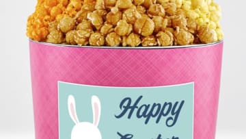 The Popcorn Factory Tins With Pop® Happy Easter Bunny With Carrots. Image courtesy 1800-Flowers