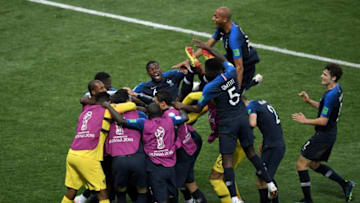 France's forward Kylian Mbappe celebrates with teammates after scoring a goal during the Russia 2018 World Cup final football match between France and Croatia at the Luzhniki Stadium in Moscow on July 15, 2018. (Photo by GABRIEL BOUYS / AFP) / RESTRICTED TO EDITORIAL USE - NO MOBILE PUSH ALERTS/DOWNLOADS (Photo credit should read GABRIEL BOUYS/AFP/Getty Images)