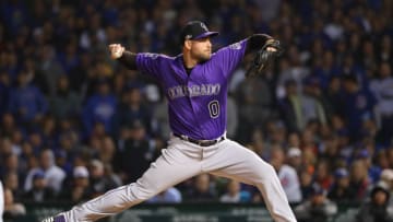 CHICAGO, IL - OCTOBER 2: Adam Ottavino #0 of the Colorado Rockies pitches during the National League Wild Card game against the Chicago Cubs at Wrigley Field on Tuesday, October 2, 2018 in Chicago, Illinois. (Photo by Alex Trautwig/MLB Photos via Getty Images)
