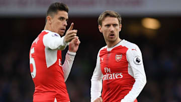 LONDON, ENGLAND - APRIL 26: Nacho Monreal of Arsenal and Gabriel of Arsenal speak prior to the Premier League match between Arsenal and Leicester City at the Emirates Stadium on April 26, 2017 in London, England. (Photo by Shaun Botterill/Getty Images)
