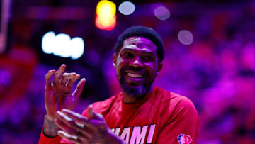 Udonis Haslem #40 of the Miami Heat looks on prior to the game against the Philadelphia 76ers(Photo by Michael Reaves/Getty Images)