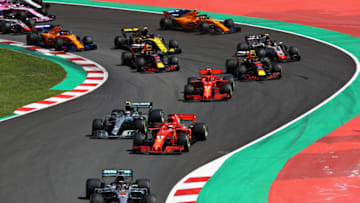 MONTMELO, SPAIN - MAY 13: Lewis Hamilton of Great Britain driving the (44) Mercedes AMG Petronas F1 Team Mercedes WO9 leads the field at the start during the Spanish Formula One Grand Prix at Circuit de Catalunya on May 13, 2018 in Montmelo, Spain. (Photo by Mark Thompson/Getty Images)