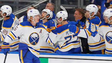 Oct 18, 2022; Edmonton, Alberta, CAN; The Buffalo Sabres celebrate a goal scored by defensemen Rasmus Dahlin (26) during the first period against the Edmonton Oilers at Rogers Place. Mandatory Credit: Perry Nelson-USA TODAY Sports