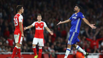 LONDON, ENGLAND - SEPTEMBER 24: Granit Xhaka of Arsenal (L) and Diego Costa of Chelsea (R) confront each other during the Premier League match between Arsenal and Chelsea at the Emirates Stadium on September 24, 2016 in London, England. (Photo by Paul Gilham/Getty Images)