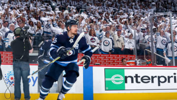 WINNIPEG, MB - MAY 3: Mark Scheifele #55 of the Winnipeg Jets hits the ice prior to puck drop against the Nashville Predators in Game Four of the Western Conference Second Round during the 2018 NHL Stanley Cup Playoffs at the Bell MTS Place on May 3, 2018 in Winnipeg, Manitoba, Canada. (Photo by Jonathan Kozub/NHLI via Getty Images)