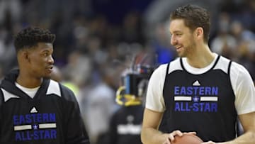 Feb 13, 2016; Toronto, Ontario, Canada; Eastern Conference guard Jimmy Butler of the Chicago Bulls (21) talks to Eastern Conference center Pau Gasol of Chicago Bulls (16) during practice for the NBA All Star game at Ricoh Coliseum. Mandatory Credit: Bob Donnan-USA TODAY Sports