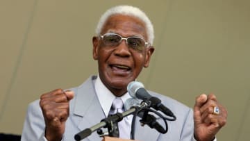 COOPERSTOWN, NY - JULY 30: Former Negro League player John 'Buck' O'Neil speaks at Clark Sports Center during the Baseball Hall of Fame induction ceremony on July 30, 2006 in Cooperstown, New York. (Photo by Jim McIsaac/Getty Images)