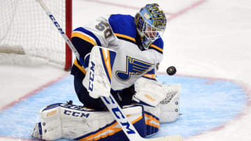 ANAHEIM, CA - MARCH 06: St. Louis Blues goalie Jordan Binnington (50) blocks a shot in the third period of a game against the Anaheim Ducks played on March 6, 2019 at the Honda Center in Anaheim, CA. (Photo by John Cordes/Icon Sportswire via Getty Images)