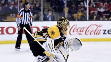 Apr 7, 2016; Boston, MA, USA; Boston Bruins goalie Tuukka Rask (40) in goal during the first period against the Detroit Red Wings at TD Garden. Mandatory Credit: Bob DeChiara-USA TODAY Sports