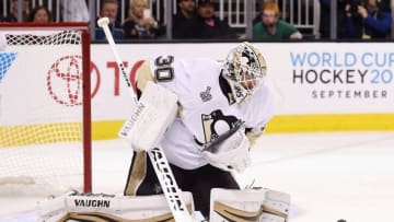 Jun 12, 2016; San Jose, CA, USA; Pittsburgh Penguins goalie Matt Murray (30) makes a save against the San Jose Sharks in the first period in game six of the 2016 Stanley Cup Final at SAP Center at San Jose. Mandatory Credit: Gary A. Vasquez-USA TODAY Sports