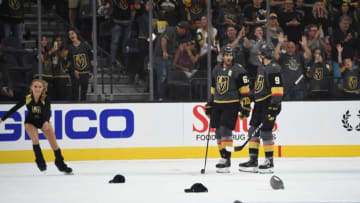 LAS VEGAS, NEVADA - SEPTEMBER 15: Max Pacioretty #67 of the Vegas Golden Knights celebrates after scoring a goal during the second period against the Arizona Coyotes at T-Mobile Arena on September 15, 2019 in Las Vegas, Nevada. (Photo by David Becker/NHLI via Getty Images)