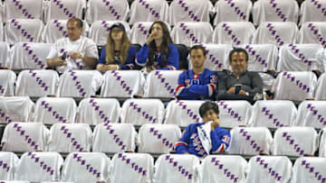 NEW YORK, NEW YORK - MAY 22: Fans watch warmups prior to the game between the New York Rangers and the Carolina Hurricanes in Game Three of the Second Round of the 2022 Stanley Cup Playoffs at Madison Square Garden on May 22, 2022 in New York City. (Photo by Bruce Bennett/Getty Images)