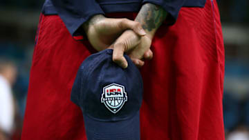 RIO DE JANEIRO, BRAZIL - AUGUST 18: A detail view of a USA Basketball hat prior to a Women's Semifinal Basketball game between the United States and France on Day 13 of the Rio 2016 Olympic Games at Carioca Arena 1 on August 18, 2016 in Rio de Janeiro, Brazil. (Photo by Mark Kolbe/Getty Images)