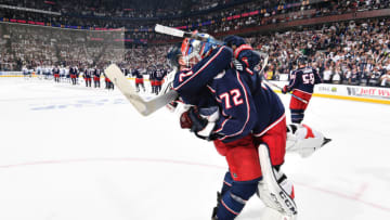 COLUMBUS, OH - APRIL 16: Nick Foligno #71 of the Columbus Blue Jackets celebrates with goaltender Sergei Bobrovsky #72 of the Columbus Blue Jackets after winning Game Four of the Eastern Conference First Round during the 2019 NHL Stanley Cup Playoffs on April 16, 2019 at Nationwide Arena in Columbus, Ohio. Columbus defeated Tampa Bay 7-3 to win the series 4-0. (Photo by Jamie Sabau/NHLI via Getty Images)