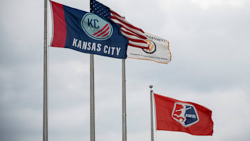 KANSAS CITY, KS - OCTOBER 10: Kansas City, US, Wyandotte, and NWSL flags fly before a game between Portland Thorns FC and Kansas City at Legends Field on October 10, 2021 in Kansas City, Kansas. (Photo by Amy Kontras/ISI Photos/Getty Images)