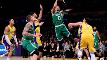 LOS ANGELES, CA - JANUARY 23: Jayson Tatum #0 of the Boston Celtics scores in front of Larry Nance Jr. #7 of the Los Angeles Lakers during a 108-107 Laker win at Staples Center on January 23, 2018 in Los Angeles, California. (Photo by Harry How/Getty Images)