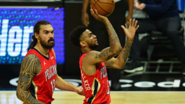 Jan 13, 2021; Los Angeles, California, USA; New Orleans Pelicans guard Nickeil Alexander-Walker (6) shoots against the Los Angeles Clippers during the first half at Staples Center. Mandatory Credit: Gary A. Vasquez-USA TODAY Sports