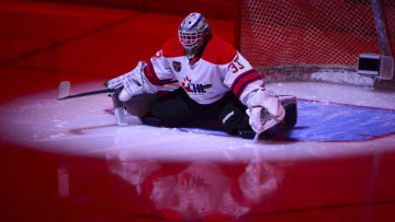 Jan 25, 2023; Langley, BC, CANADA; CHL Top Prospects team white goaltender Scott Ratzlaff (33) awaits the start of play against the CHL Top Prospects team red during the first period in the 2023 CHL Top Prospects ice hockey game at Langley Events Centre. Mandatory Credit: Anne-Marie Sorvin-USA TODAY Sports