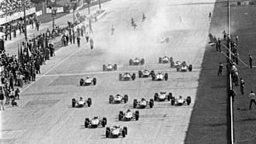 Jack Brabham, Bruce McLaren, Jim Clark, Dan Gurney, Chris Amon, Grand Prix of Italy, Autodromo Nazionale Monza, 10 September 1967. Start of the 1965 Italian Grand Prix in Monza, with Jack Brabham in the lead. (Photo by Bernard Cahier/Getty Images)
