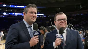 NEW YORK, NY - DECEMBER 8: Big East Digital Network commentator John Fanta, right, and analyst Andy Katz, before the game between the Seton Hall Pirates and the Kentucky Wildcats during the Citi Hoops Classic at Madison Square Garden on December 8, 2018, in New York City. (Photo by Porter Binks/Getty Images)