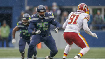 SEATTLE, WA - NOVEMBER 05: Offensive tackle Duane Brown #76 of the Seattle Seahawks in action against the Washington Redskins at CenturyLink Field on November 5, 2017 in Seattle, Washington. (Photo by Otto Greule Jr/Getty Images)