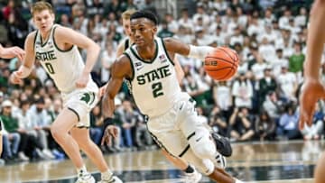 Michigan State's Tyson Walker moves with the ball against Purdue during the first half on Monday, Jan. 16, 2023, at the Breslin Center in East Lansing.230116 Msu Purdue Bball 057a