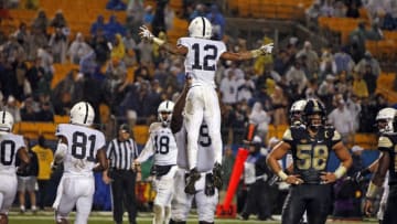 PITTSBURGH, PA - SEPTEMBER 08: Mac Hippenhammer #12 of the Penn State Nittany Lions celebrates with C.J. Thorpe #69 of the Penn State Nittany Lions after catching a 11 yard touchdown pass against the Pittsburgh Panthers in the fourth quarter on September 8, 2018 at Heinz Field in Pittsburgh, Pennsylvania. (Photo by Justin K. Aller/Getty Images)