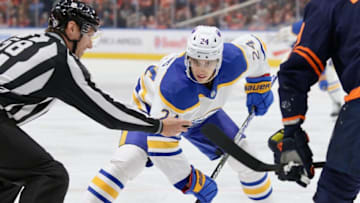 EDMONTON, CANADA OCTOBER 18: Dylan Cozens #24 of the Buffalo Sabres prepares for a face off against the Edmonton Oilers during a game on October 18, 2022 at Rogers Place in Edmonton, Alberta, Canada. (Photo by Lawrence Scott/Getty Images)