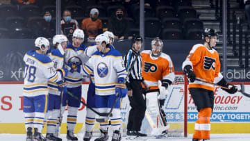PHILADELPHIA, PENNSYLVANIA - MARCH 09: The Buffalo Sabres celebrate a goal during the first period against the Philadelphia Flyers at Wells Fargo Center on March 09, 2021 in Philadelphia, Pennsylvania. (Photo by Tim Nwachukwu/Getty Images)
