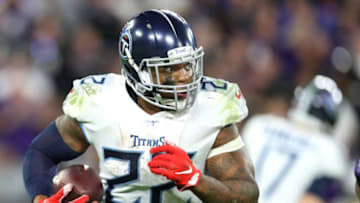 BALTIMORE, MARYLAND - JANUARY 11: Derrick Henry #22 of the Tennessee Titans runs the ball against the Baltimore Ravens during the AFC Divisional Playoff game at M&T Bank Stadium on January 11, 2020 in Baltimore, Maryland. (Photo by Maddie Meyer/Getty Images)