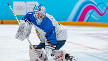 LAUSANNE, SWITZERLAND - JANUARY 22: #1 Goalkeeper Topias Leinonen of Finland makes a stick save during Men's 6-Team Tournament Bronze Medal Game between Canada and Finland of the Lausanne 2020 Winter Youth Olympics on January 22, 2020 in Lausanne, Switzerland. (Photo by RvS.Media/Monika Majer/Getty Images)