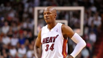 Mar 16, 2014; Miami, FL, USA; Miami Heat guard Ray Allen (34) looks on during the first half against the Houston Rockets at American Airlines Arena. Mandatory Credit: Steve Mitchell-USA TODAY Sports