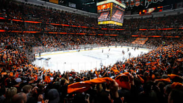 ANAHEIM, CA - APRIL 14: Anaheim Ducks fans wave playoff towels prior to Game Two of the Western Conference First Round against the San Jose Sharks during the 2018 NHL Stanley Cup Playoffs at Honda Center on April 14, 2018 in Anaheim, California. (Photo by Debora Robinson/NHLI via Getty Images)