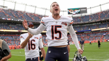 DENVER, COLORADO - SEPTEMBER 15: Eddy Pineiro #15 of the Chicago Bears celebrates as he leaves the field after kicking 53 yard field goal in the final second of the fourth quarter to defeat the Denver Broncos at Empower Field at Mile High on September 15, 2019 in Denver, Colorado. (Photo by Matthew Stockman/Getty Images)