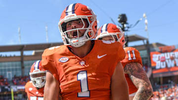 Sep 23, 2023; Clemson, South Carolina, USA; Clemson Tigers running back Will Shipley (1) celebrates after scoring a touchdown against the Florida State Seminoles during the second quarter at Memorial Stadium. Mandatory Credit: Ken Ruinard-USA TODAY Sports