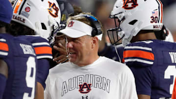 Auburn footballSep 16, 2023; Auburn, Alabama, USA; Auburn Tigers head coach Hugh Freeze talks with quarterback Robby Ashford (9) after Ashford scored a touchdown against the Samford Bulldogs during the fourth quarter at Jordan-Hare Stadium. Mandatory Credit: John Reed-USA TODAY Sports