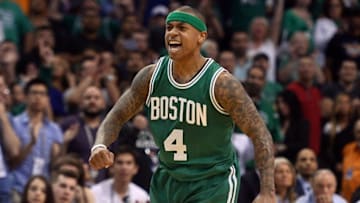 Mar 26, 2016; Phoenix, AZ, USA; Boston Celtics guard Isaiah Thomas (4) reacts against the Phoenix Suns during the second half at Talking Stick Resort Arena. The Celtics won 102-99. Mandatory Credit: Joe Camporeale-USA TODAY Sports
