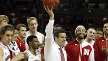 Nov 12, 2013; Lincoln, NE, USA; Nebraska Cornhuskers head coach Tim Miles holds up the game basketball after his 300th victory after defeating Western Illinois Leathernecks in the second half at the Pinnacle Bank Arena. Nebraska won 62-47. Mandatory Credit: Bruce Thorson-USA TODAY Sports