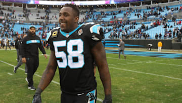 CHARLOTTE, NORTH CAROLINA - DECEMBER 23: Thomas Davis #58 of the Carolina Panthers walks off the field after being defeated by the Atlanta Falcons 24-10 at Bank of America Stadium on December 23, 2018 in Charlotte, North Carolina. (Photo by Streeter Lecka/Getty Images)