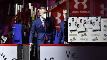 MONTREAL, QC - FEBRUARY 10: Newly appointed interim head coach, Martin St. Louis of the Montreal Canadiens makes his way towards the bench in his first career NHL game as a coach prior to the game against the Washington Capitals at Centre Bell on February 10, 2022 in Montreal, Canada. (Photo by Minas Panagiotakis/Getty Images)