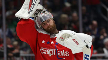 WASHINGTON, DC - FEBRUARY 23: Braden Holtby #70 of the Washington Capitals looks on against the Pittsburgh Penguins during the first period at Capital One Arena on February 23, 2020 in Washington, DC. (Photo by Patrick Smith/Getty Images)