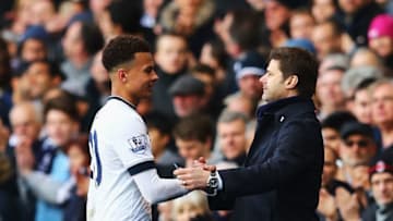 LONDON, UNITED KINGDOM - APRIL 10: Dele Alli of Tottenham Hotspur shakes hands with Mauricio Pochettino manager of Tottenham Hotspur as he is substituted during the Barclays Premier League match between Tottenham Hotspur and Manchester United at White Hart Lane on April 10, 2016 in London, England. (Photo by Clive Rose/Getty Images)