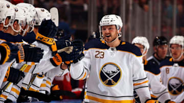 SUNRISE, FL - MARCH 2: Sam Reinhart #23 of the Buffalo Sabres celebrates his goal with teammates during the first period against the Florida Panthers at the BB&T Center on March 2, 2018 in Sunrise, Florida. (Photo by Eliot J. Schechter/NHLI via Getty Images) *** Local Caption ***Sam Reinhart