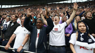 LONDON, ENGLAND - MAY 15: Spurs fans look on during the Premier League match between Tottenham Hotspur and Burnley at Tottenham Hotspur Stadium on May 15, 2022 in London, England. (Photo by Ryan Pierse/Getty Images)