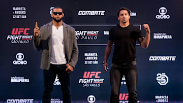 SAO PAULO, BRAZIL - SEPTEMBER 20: (L-R) Opponents Thiago Santos of Brazil and Eryk Anders of the United States pose for photographers during the UFC Fight Night ultimate media day at Pestana Hotel on September 20, 2018 in Sao Paulo, Brazil. (Photo by Buda Mendes/Zuffa LLC/Zuffa LLC via Getty Images)