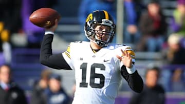 Oct 17, 2015; Evanston, IL, USA; Iowa Hawkeyes quarterback C.J. Beathard (16) drops back to pass during the first half of the game against the Northwestern Wildcats at Ryan Field. Mandatory Credit: Caylor Arnold-USA TODAY Sports